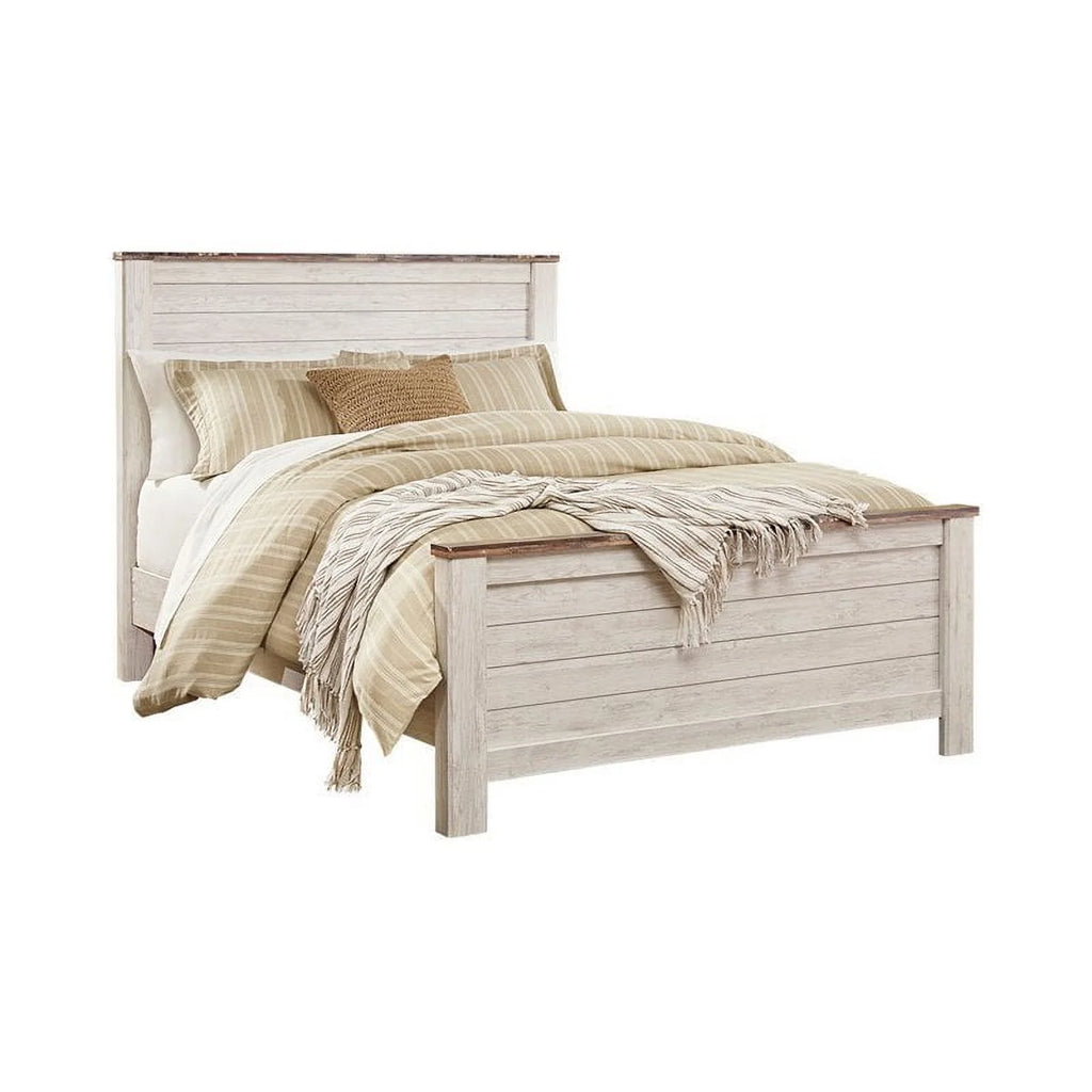 White Wood Queen Panel Bed with Headboard F601626