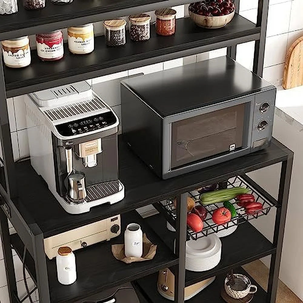 Rustic Black 6-Tier Kitchen Rack with Wire Drawer B700672