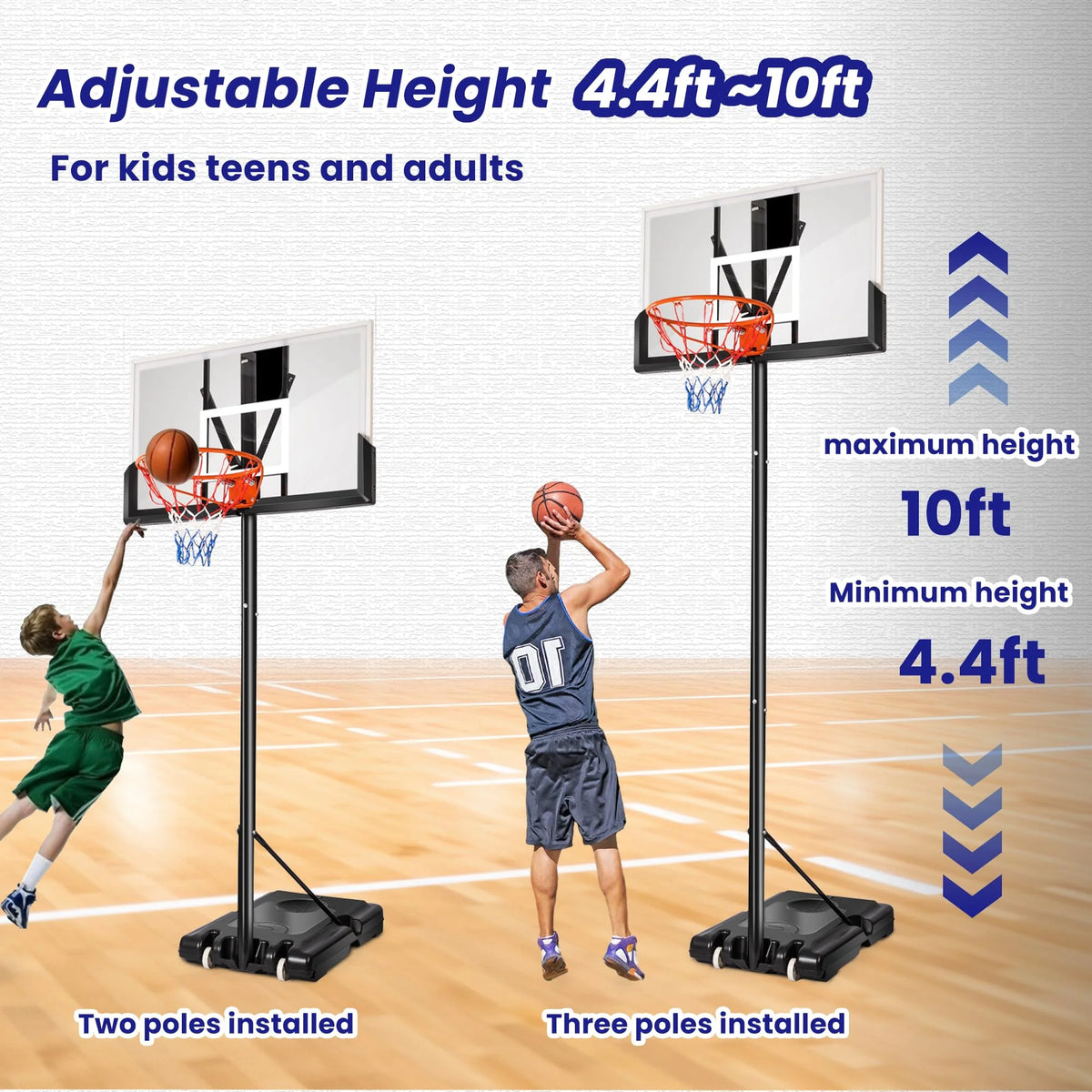 Portable Basketball Hoop System, Height Adjustable 4.4ft - 10ft, 45 inch PC Backboard E109994