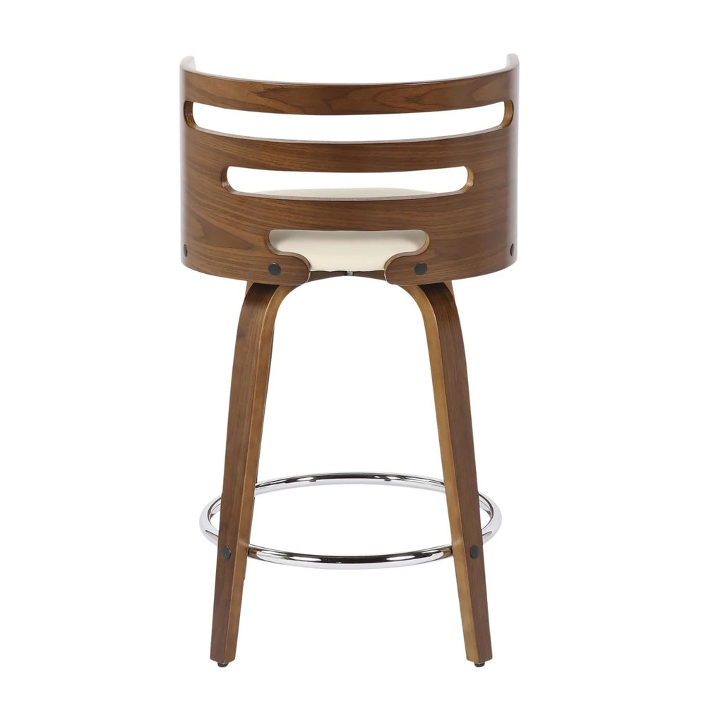 Mid-Century Modern Counter Stool With Swivel In Walnut And Cream Faux Leather - Set Of 2 Y174