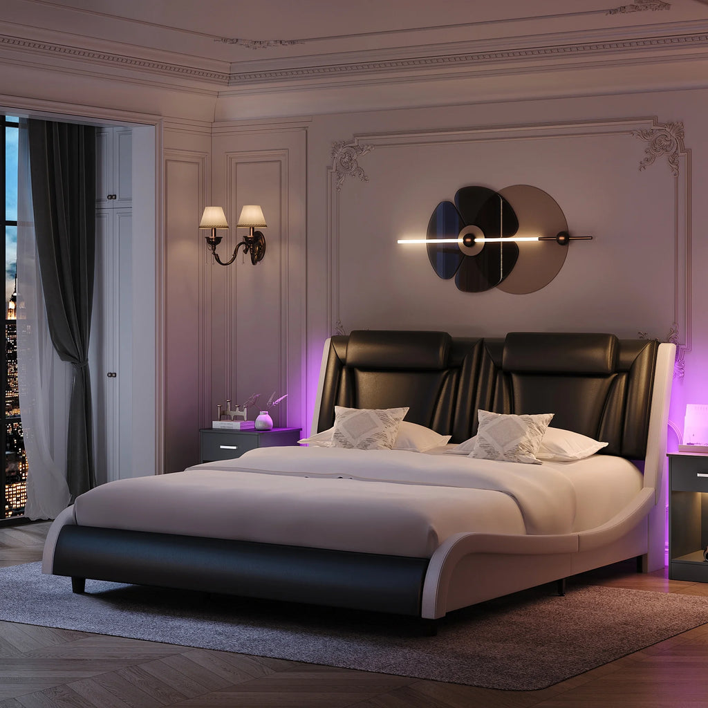White Queen LED PU Leather Upholstered Platform Bed G546649