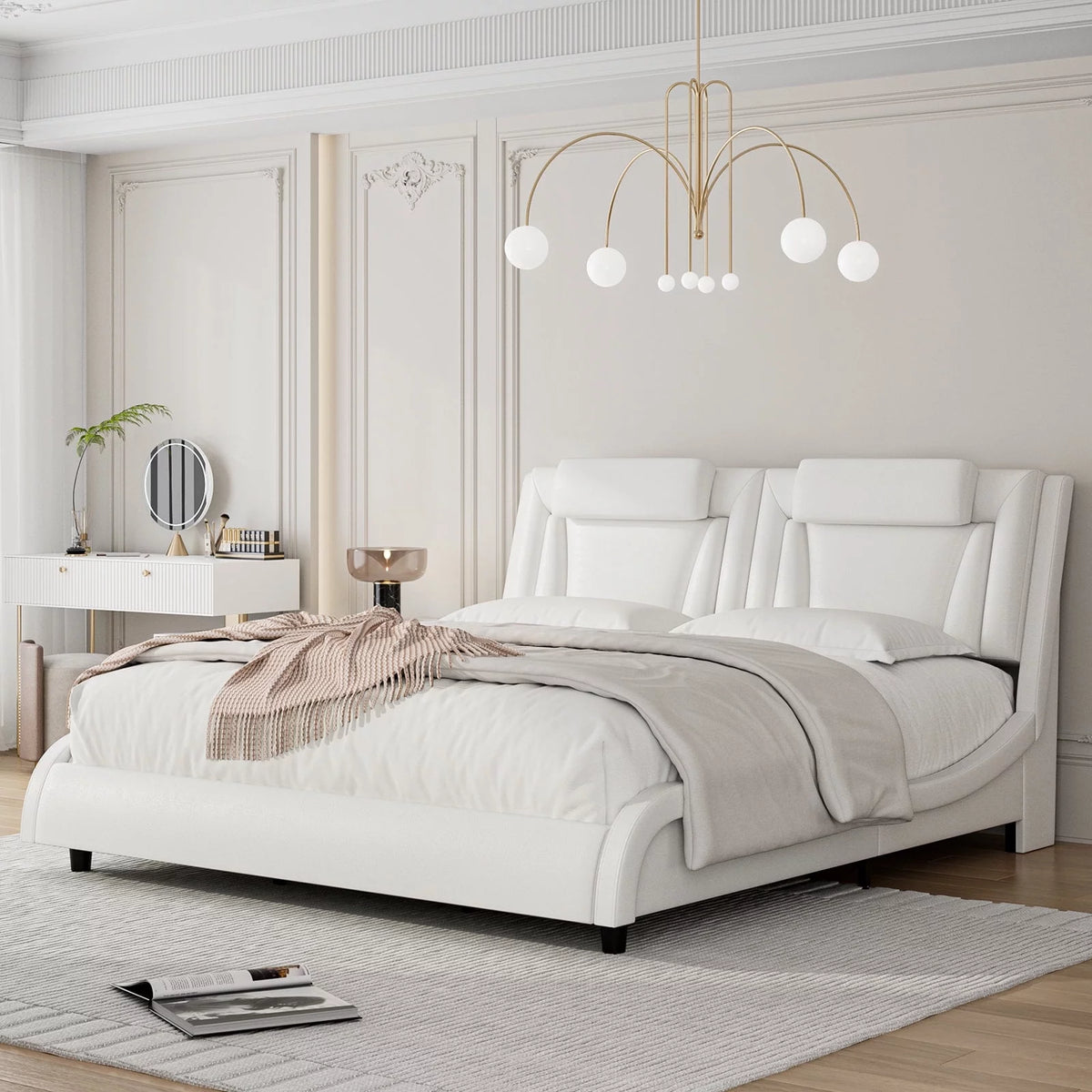 White Queen LED PU Leather Upholstered Platform Bed G546649
