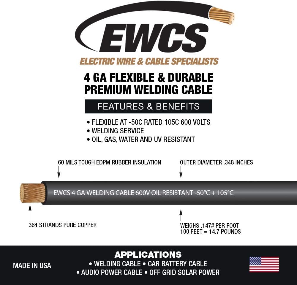4 Gauge Extra Flexible Welding Cable 600 Volt Black 20 Feet Pack of 2 I614504