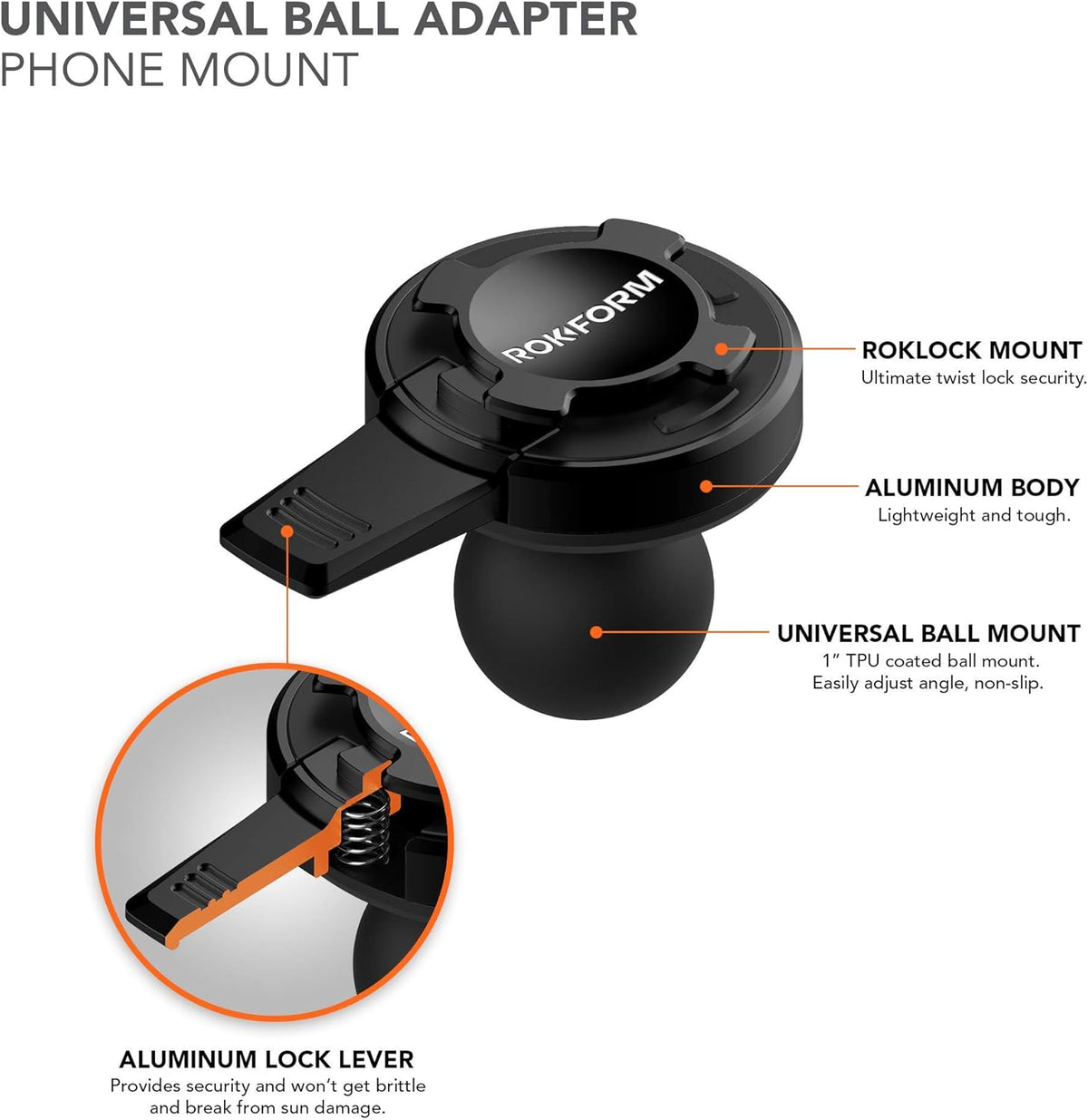 Universal 1” Ball Adapter Motorcycle Phone Mount with Aluminum Lever Lock (Black) I97146